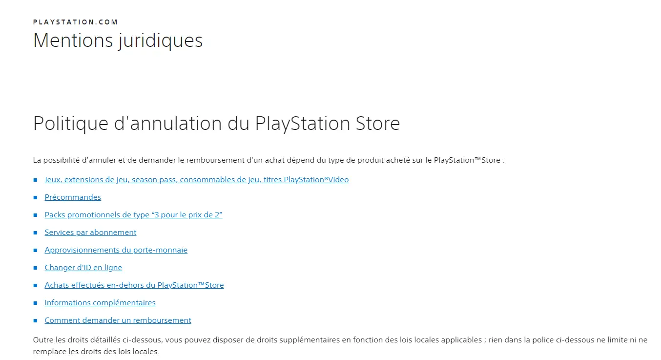 Politique Annulation Playstation Store